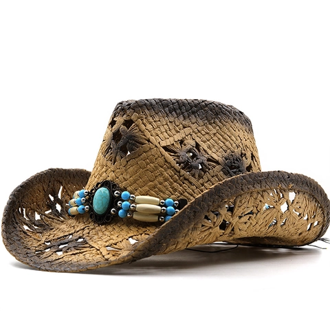 Cappello Da Cowboy In Paglia Con Perline Turchesi Tesa Larga Trama Traforata Effetto Distressed Protezione Solare Estate Spiaggia