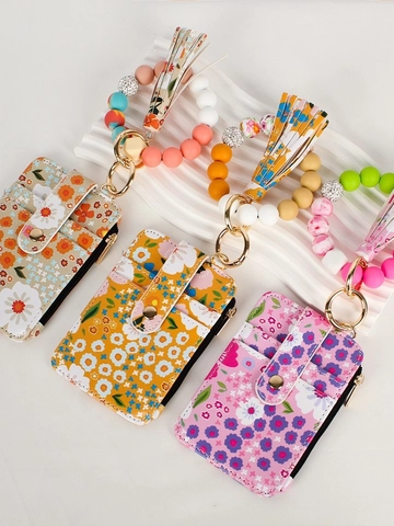 Floral Zipper Card Holder Wallet With Silicone Bead Bracelet Tassel Keychain PU Leather ID Window For Women