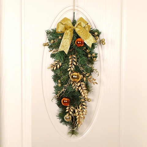 Christmas Teardrop Swag Door Wreath Gold Glitter Bow Artificial Pine Needles Orange Balls Holiday Wall Decor Ornament