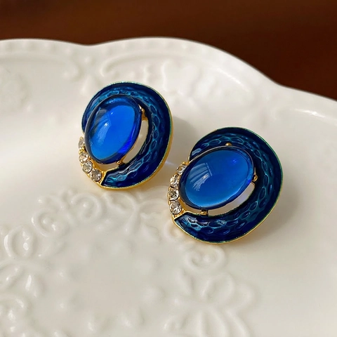 Vintage Oval Stud Earrings Alloy Enamel Rhinestone With 925 Sterling Silver Earring Post French Retro Style For Women