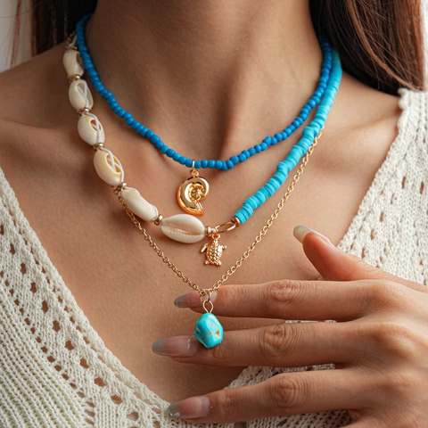 Collar Multicapa Bohemio Con Colgantes De Tortuga Y Caracola De Aleación Concha De Cauri Y Cuentas Joyería De Vacaciones Para Mujer