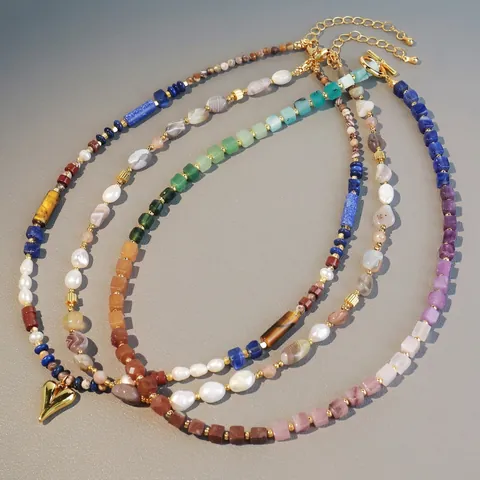 Böhmisch Handgefertigte Bunte Natur Tigerauge Lapislazuli Stein Süßwasserperle Perlenkette Herzanhänger Schmuck