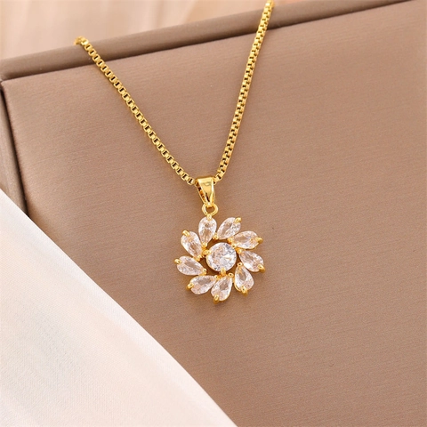Elegante Blumen Halskette Für Damen Edelstahl Boxkette Kupfer Zirkon Eingelegt Mode Schmuck
