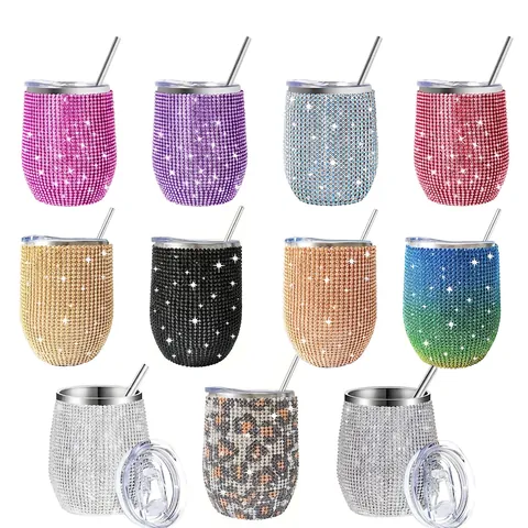 Rhinestone Insulated Wine Tumbler Stainless Steel Bling Coffee Cup With Straw Double Wall Vacuum Glitter Egg Shape Mug
