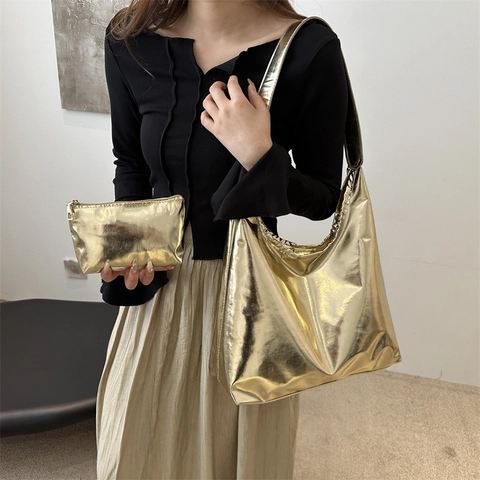Borsa Tote In Pelle PU Lucida Metallica E Mini Pochette Grande Capacità Borsa A Spalla Minimalista Urbana Donne