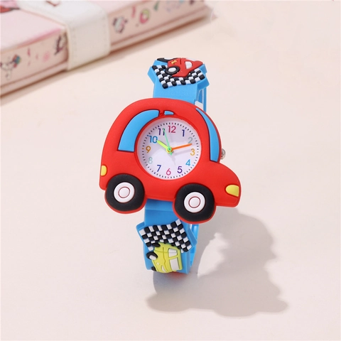 Cute Cartoon Car Kids Watch For Boys Girls Student Colorful Number Dial Racing Flag Sport Synthetic Rubber Watch Gift