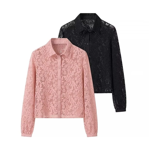 Camicetta Sexy In Pizzo Da Donna Trasparente Floreale Manica Lunga Colletto Rovesciato Camicia Elegante