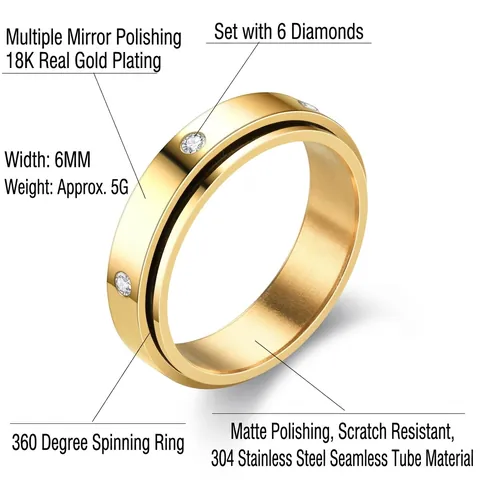 Bague Spinner En Acier Inoxydable Avec Strass Zirconia Rotative Soulagement Stress Anxiété Bijoux Couple Polis Plaqués Or