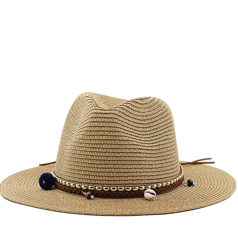 Straw Fedora Hat Bohemian Cowboy Sun Hat Breathable Beach Vacation Tassel Shell Bead Decor Women Men Kids