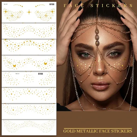 Pegatinas De Tatuaje Facial Oro Metálico Impermeable Maquillaje De Pecas Para Festival De Música Fiesta Estrellas Mariposas