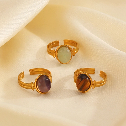 Anello Aperto Regolabile In Acciaio Inossidabile Placcato Oro Pietra Naturale Ovale Per Donna Stile Francese Retrò Occhio Di Tigre
