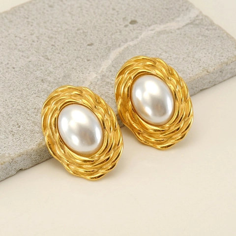 Orecchini A Lobo In Stile Francese Vintage Per Donna Acciaio Inossidabile Placcato Oro 18K Trama Intrecciata Geometrica Perla Artificial Grande