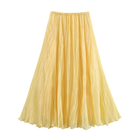 Women High Waist Pleated Maxi Skirt Elastic Waist Elegant Solid Color Polyester Flowy Streetwear Casual