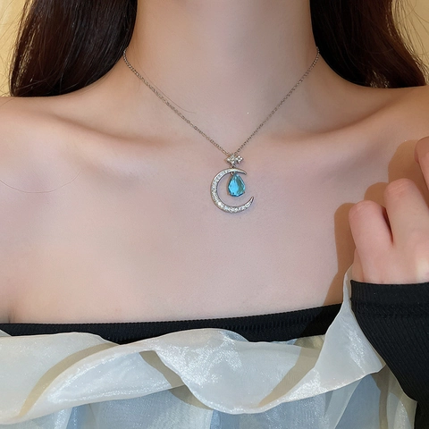 Moon Star Pendant Necklace Copper Zircon Blue Teardrop Stone Clavicle Chain Elegant Jewelry For Women Girls Silver Color