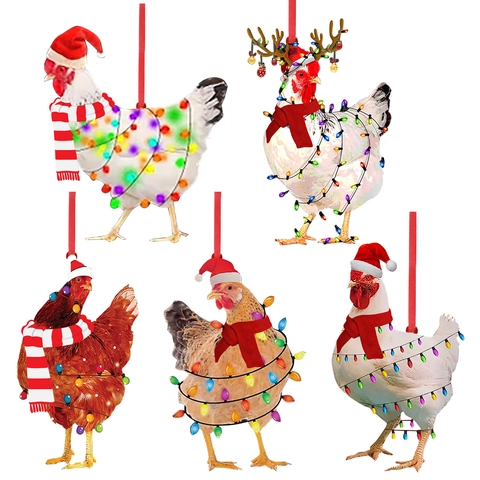 Christmas Chicken Pendant Wooden Rooster Decoration With Scarf And Hat For Holiday Tree Hanging Festive Party Ornament