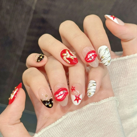 Unghie Finte Labbra Rosse E Motivo Stella Stile Pop Art Fatto A Mano Riutilizzabili Lucide Per Donne