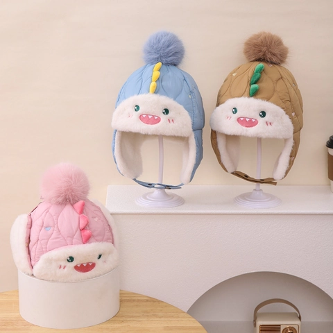 Gorro de Aviador de Dinosaurio de Dibujos Animados para Niños Invierno Grueso Cálido con Orejeras y Correa Ajustable en la Barbilla Pompon para Niños Niñas