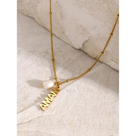 Collier Pendentif Lettre MAMA En Acier Inoxydable Plaqué Or 18K Avec Perle D'eau Douce Chaîne Satellite Cadeau Fête Des Mères