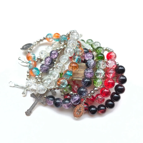 Bracciale Religioso Con Perline Croce Vetro Incrinato Acrilico Lega Medaglia Di Maria Gioielli Elastici Unisex