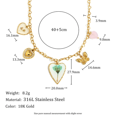 Collana Acciaio Inossidabile Oro 18K Pendente Cuore Con Fiori Secchi Farfalla Zircone Gioielli Eleganti Romantici Donna