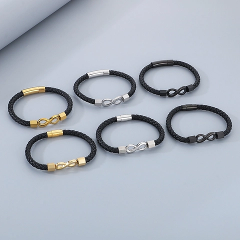Bracciale Pelle Intrecciata Acciaio Inossidabile Simbolo Infinito Chiusura Magnetica Stile Punk Gioielli Moda Uomo