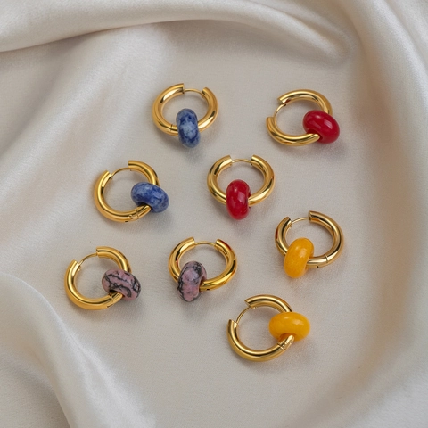 Vintage Gold Plated Stainless Steel Hoop Earrings With Colorful Stone Beads Waterproof Hypoallergenic For Women