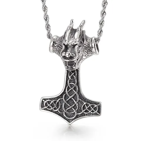 Viking Thor Hammer Pendant For Men Stainless Steel Dragon Lion Wolf Head Mjolnir Nordic Mythology Jewelry Retro Carved