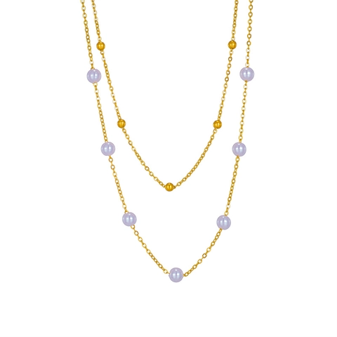 Layered Necklace Stainless Steel Golden Chain With Artificial Pearls And Gold Beads Elegant Jewelry For Women
