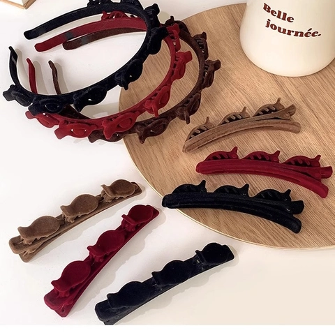 Double Layer Braided Hair Clips Flocked Velvet Side Bangs Barrette Heart Rhinestone For Women Styling