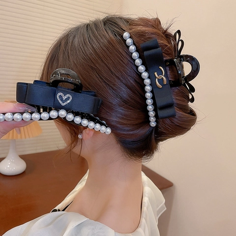 Große Haarklammer Mit Acryl Stoff Schleife Künstliche Perlenimitat Und Straß Herz Elegant Vintage Französischer Stil Kopfschmuck Für Damen