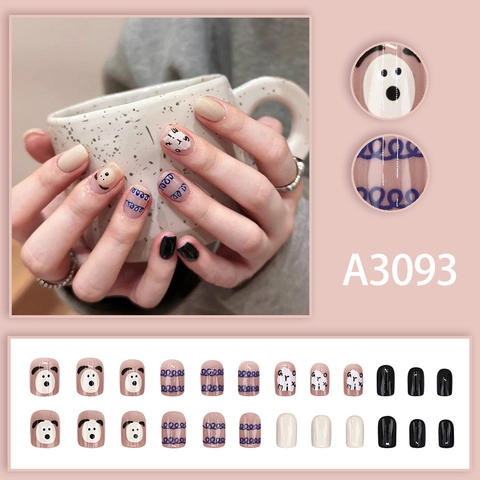 Press On Nails Cute Cartoon Puppy Blue Wave Pattern Sweet Short Square False Nails For Women Daily Wear