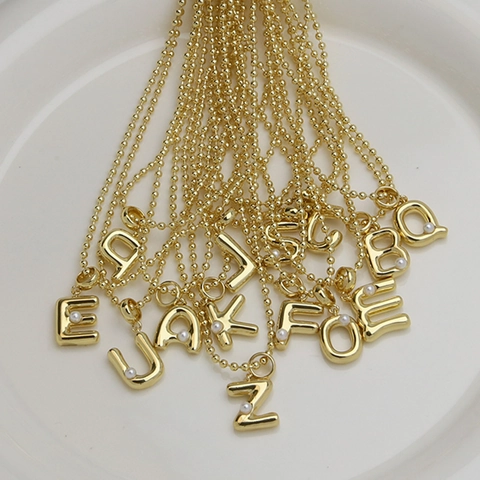 18K Gold Plated Brass Puffy 3D Bubble Initial Pendant Necklace With Artificial Pearl Accent Ball Chain Trendy Jewelry For Women