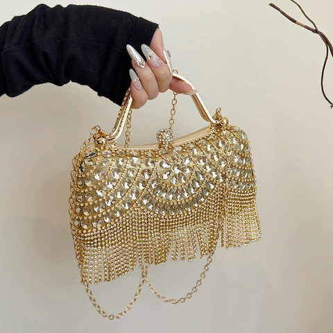 Rhinestone Evening Clutch Bag For Women Shiny Crystal Tassel Handbag With Metal Handle And Chain Strap Luxury Party