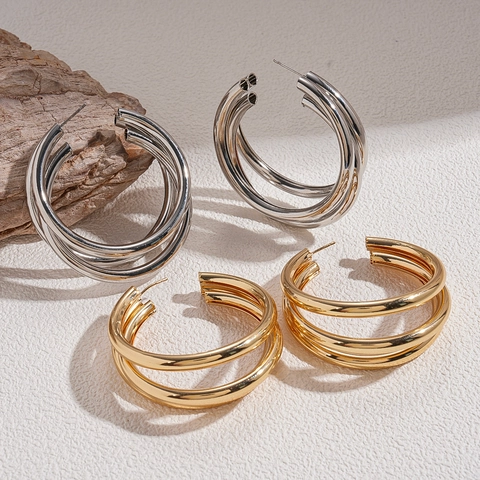 Multilayer Geometric Hoop Earrings With 925 Sterling Silver Earring Post Metallic Textured C Shaped Round Fashion For Women