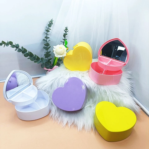 Heart Shaped Double Layer Jewelry Box With Mirror Plastic Cute Candy Color Trinket Storage Case For Kids Women Organizers