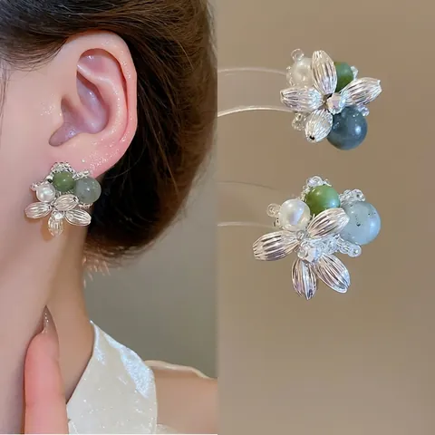 Boucles D'oreilles Fleurs Avec Agate Faux Künstliche Perle Et Tige En Argent Sterling 925 Bijoux Rétro Élégants Pour Femmes