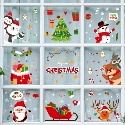 Christmas Window Stickers Static Cling PVC Reusable Santa Reindeer Snowman Holiday Party Glass Decoration