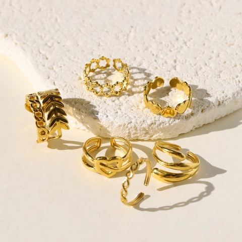 Vintage 18K Gold Plated Stainless Steel Open Rings For Women Heart Leaf Wheat Hollow Multi Layer Twisted Retro Jewelry