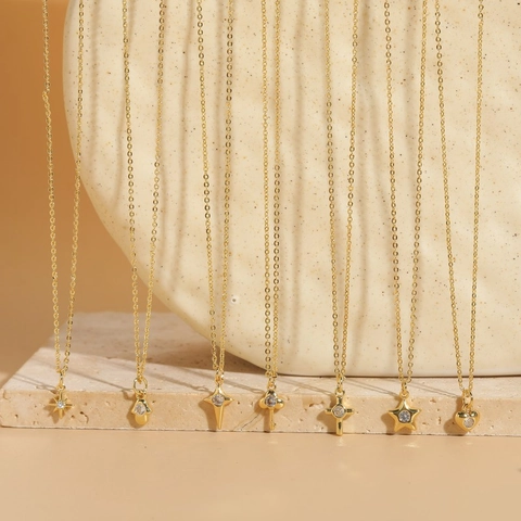 Collana Con Pendente In Rame Con Zircone Esagramma Stella Cuore Croce Chiave Placcato Oro 14K Catena Da Clavicola Minimalista Donna