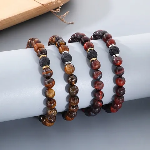 Tiger Eye Stone And Lava Rock Beaded Bracelet With Metal Spacers Handmade Elastic Natural Jewelry For Men Unisex Retro