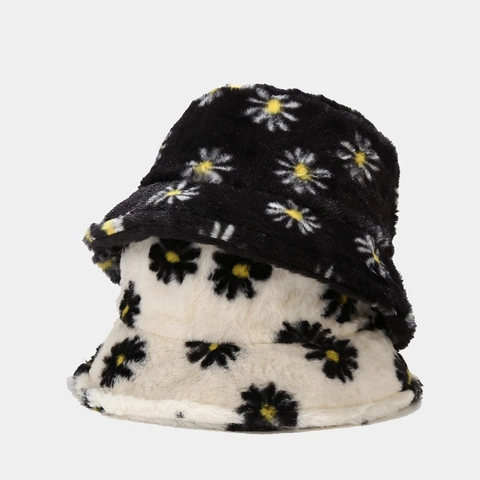 Cappello Alla Pescatora Ecopelliccia Coniglio Caldo Inverno Morbido Stampa Margherita Donna Retro Moda Copricapo
