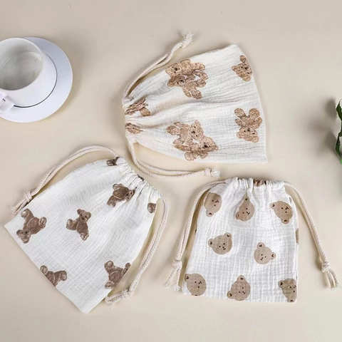 Cotton Muslin Drawstring Storage Bag Double Layer Multipurpose Organizer For Baby Essentials Travel Makeup Cute