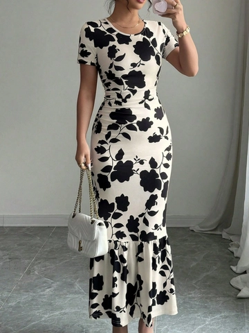 Floral Print Mermaid Maxi Dress Short Sleeve Crew Neck Ruched Side Bodycon Slim Fit Elegant Chic Sexy Women Fashion Dress
