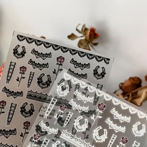 Adesivi Unghie 5D Rilievo Rosa Rossa Vintage Pizzo Bianco Nero Ultra Sottile Auto Adesivi Decorazione Manicure