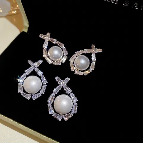 Luxus Kunstperlen Ohrringe Mit 925 Sterling Silber Ohrstecker Kupfer Baguette Zirkon Geometrisches Wassertropfen Design Für Damen