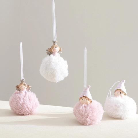 Kerstengel Pluche Pompon Hangend Ornament Hars Meisje Pop Met Vleugels Kroon Roze Wit Feestelijke Boomdecoratie