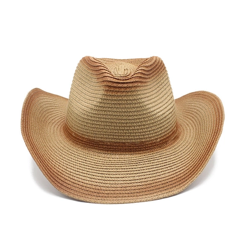 Western Cowboy Straw Hat Vintage Gradient Color Wide Brim Foldable Sunshade Outdoor Beach Travel Hat With Windproof Rope