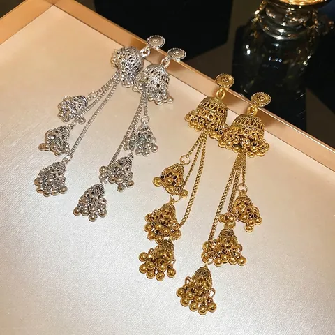 Orecchini Jhumka Boho Vintage Con Nappe Con Perno In Argento Sterling 925 Stile Etnico Campana Multistrato Lunghi Pendenti