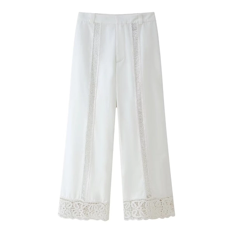 Women Wide Leg Pants High Waist Hollow Out Lace Patchwork Woven Trousers Casual Streetwear Breathable Solid White