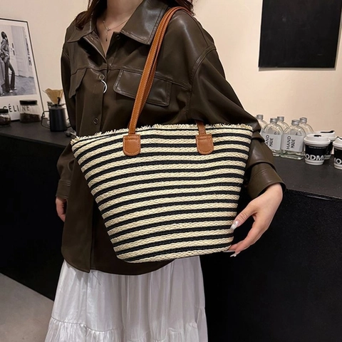 Borsa Tote In Paglia A Righe Grande Capacità Borsa A Tracolla Intrecciata Con Manici In Pelle PU Per Spiaggia E Mare